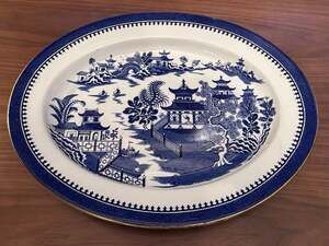 Antique Blue Willow Oval Serving Platter Royal Worcester , 15" Gilt Rim, England
